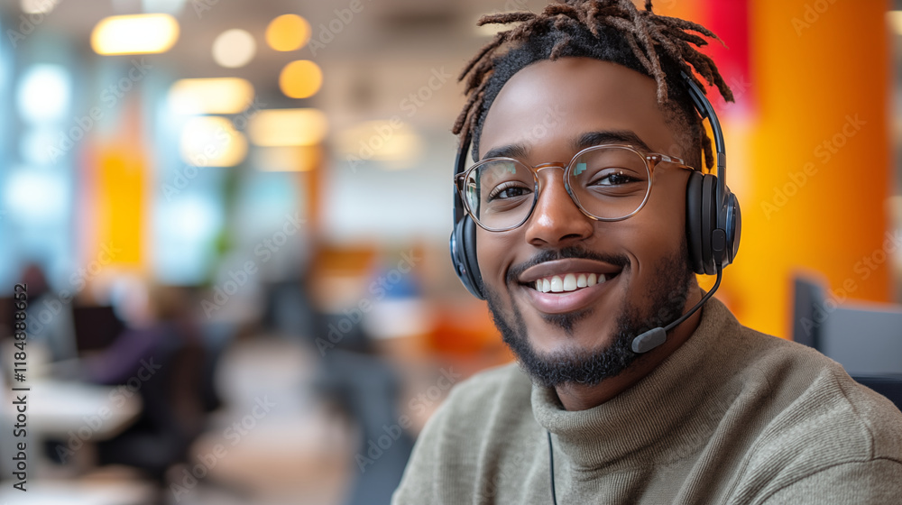 Customer service representative smiling with headset in modern office, showcasing workplace communication Customer service representative smiling with headset in modern office, showcasing workplace communication