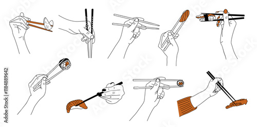 Set of different hands holding japanese food chopsticks with sushi, srimp, salmon, rolls. Hand drawn outline vector illustrations isolated on transparent background