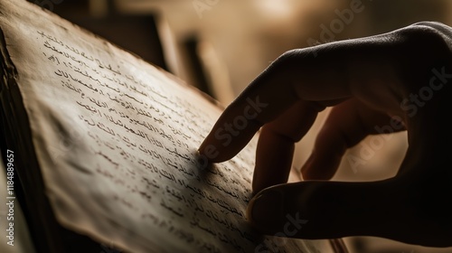 A Close up of a Hand Touching an Old Book With Writing on It - Generative AI