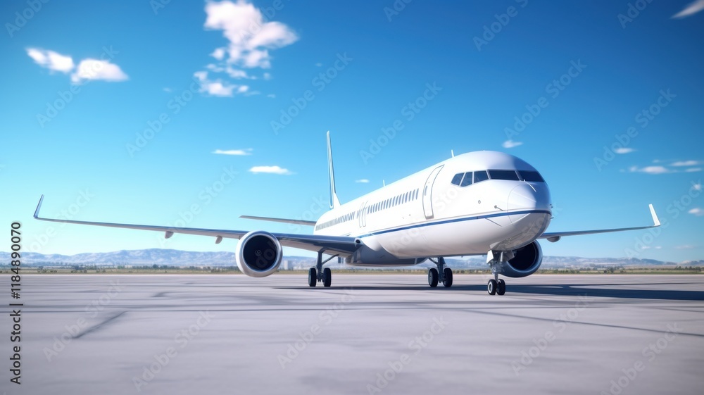 Obraz premium Airplane landing on runway modern airport aviation photography clear skies ground level view travel concept