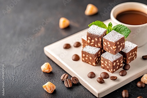 Cubos de bizcocho lamington cubiertos de chocolate y coco con café de fondo photo