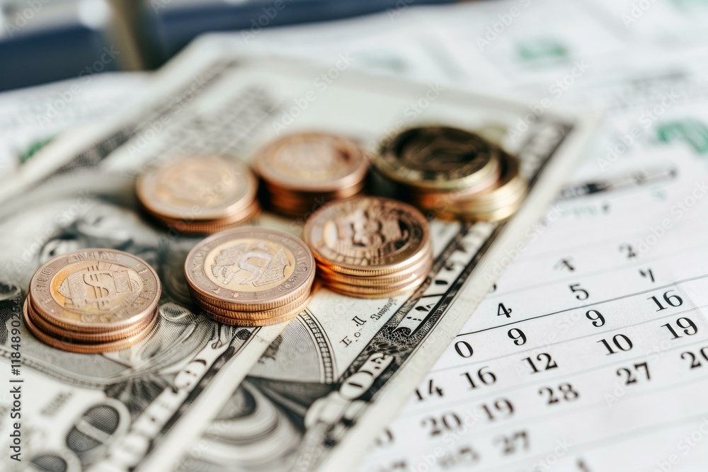Stacks of various coins rest on dollar bills next to a calendar, symbolizing investment, budgeting, and financial planning Stacks of various coins rest on dollar bills next to a calendar, symbolizing investment, budgeting, and financial planning