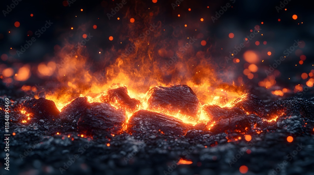 Embers rise above a smoldering pile of blackened wood and charcoal at a campfire site during late evening hours. Generative AI Embers rise above a smoldering pile of blackened wood and charcoal at a campfire site during late evening hours. Generative AI