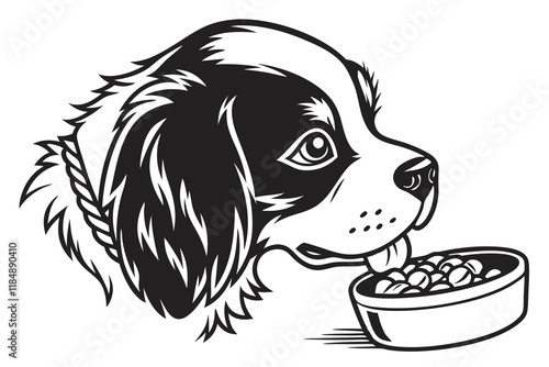 A black color line art Cavalier King Charles Spaniel dog Eating  simple flat vector on white background
