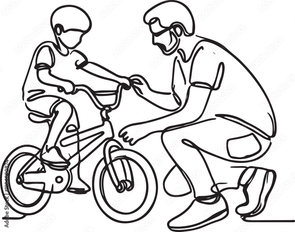 Father Teaching Son to Ride a Bicycle. Line Art Vector Design Father Teaching Son to Ride a Bicycle. Line Art Vector Design