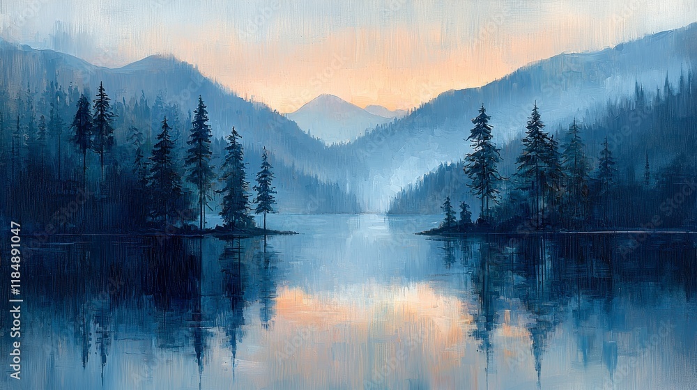 Serene lake reflecting misty mountains at dawn. Serene lake reflecting misty mountains at dawn.