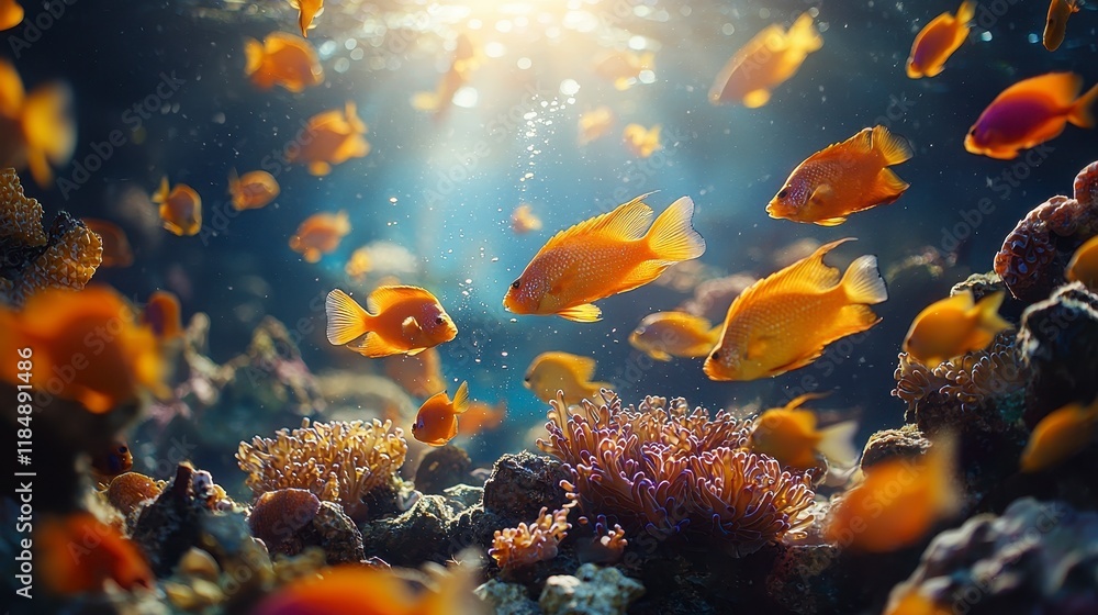 Naklejka premium Vibrant orange fish swim above a colorful coral reef in clear ocean water, sunlit scene.