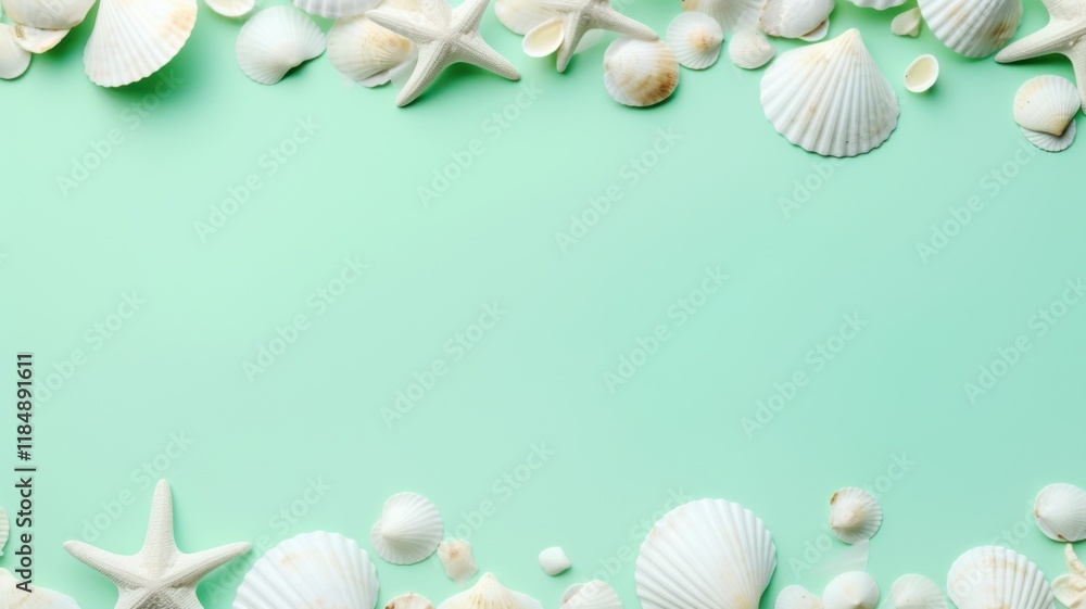 Obraz premium Beachside discovery of seashells coastal scene photography calm setting overhead view nature's treasures, pastel green background