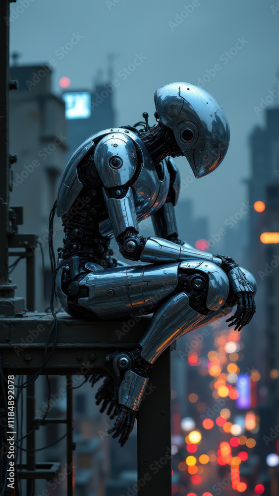 A contemplative robot perched on a rooftop at night, overlooking city lights, symbolizing artificial intelligence's presence amidst urban life. A contemplative robot perched on a rooftop at night, overlooking city lights, symbolizing artificial intelligence's presence amidst urban life.