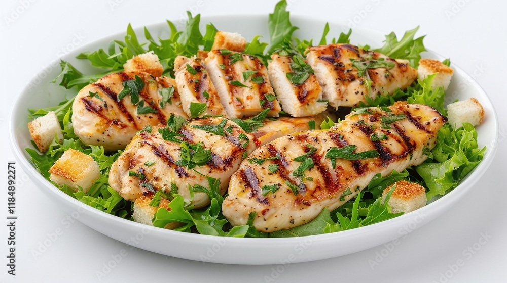 Grilled chicken breast sliced on a bed of fresh lettuce, garnished with parsley and croutons, served in a white bowl, top view, minimalistic healthy food composition, light lunch and salad concept
Grilled chicken breast sliced on a bed of fresh lettuce, garnished with parsley and croutons, served in a white bowl, top view, minimalistic healthy food composition, light lunch and salad concept