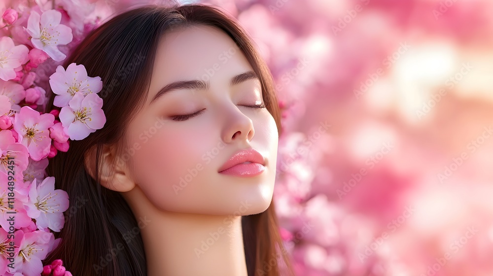 A serene woman with closed eyes surrounded by blooming pink flowers, exuding tranquility and beauty. A serene woman with closed eyes surrounded by blooming pink flowers, exuding tranquility and beauty.