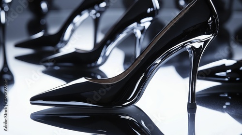 Shiny black high heels in a row.