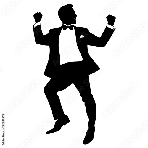 silhouette of a young Asian man having fun and acting lively at a wedding, wearing a tuxedo, full-body view from head to toe, solid black silhouette with no gradients, background is pure white