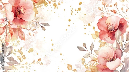 Fototapeta Naklejka Na Ścianę i Meble -  Watercolor floral border with peach flowers, gold accents, and leaves on white background.