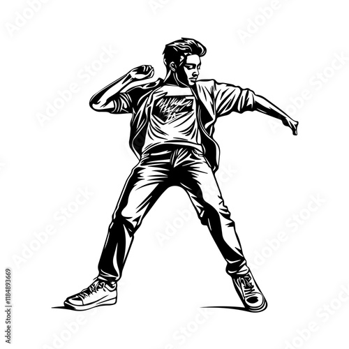 Silhouette of a young Asian man freestyle dancing at a wedding, wearing a stylish modern outfit like a graphic T-shirt, skinny jeans, and sneakers, full-body view from head to toe, solid black