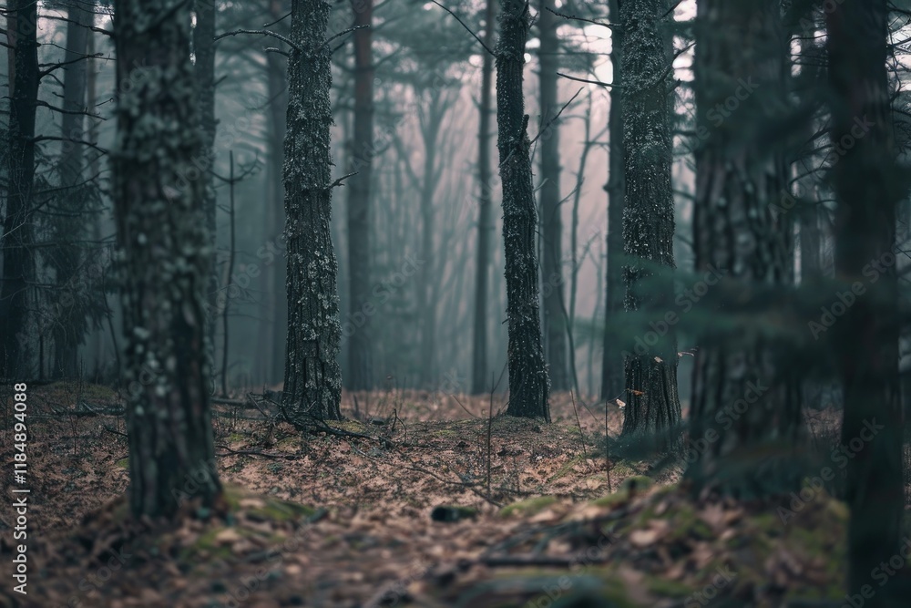 Fototapeta premium Fog entering coniferous forest on gloomy day creating mysterious atmosphere
