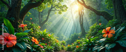 Mysterious subtropical forest illuminated by soft sunlight filtering through vibrant foliage and colorful hibiscus flowers in a tranquil natural setting photo