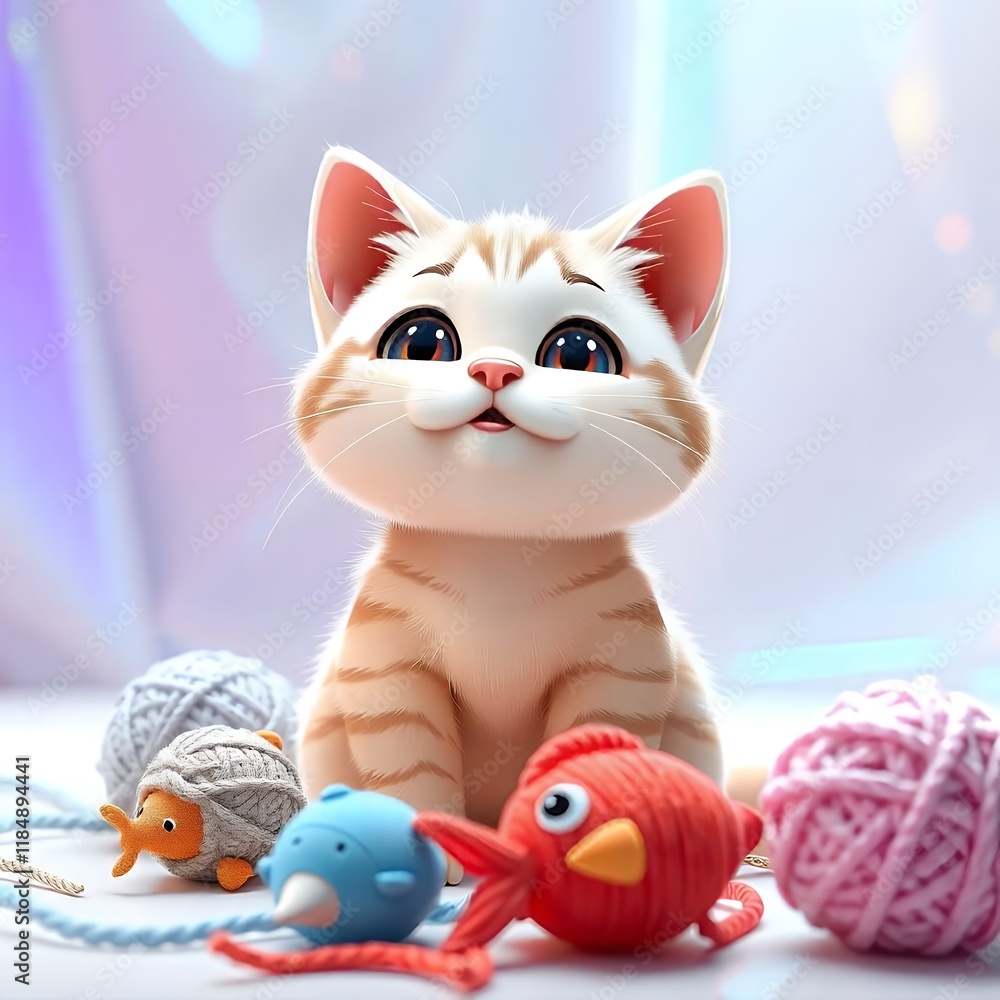 Fototapeta premium Adorable Kitten with Yarn Balls Toys Cute Pet Wallpaper