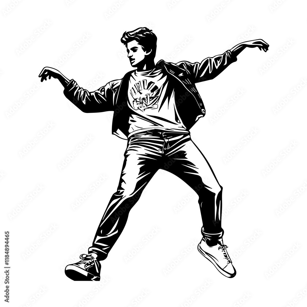 Naklejka premium Silhouette of a young Asian man freestyle dancing at a wedding, wearing a stylish modern outfit like a graphic T-shirt, skinny jeans, and sneakers, full-body view from head to toe, solid black