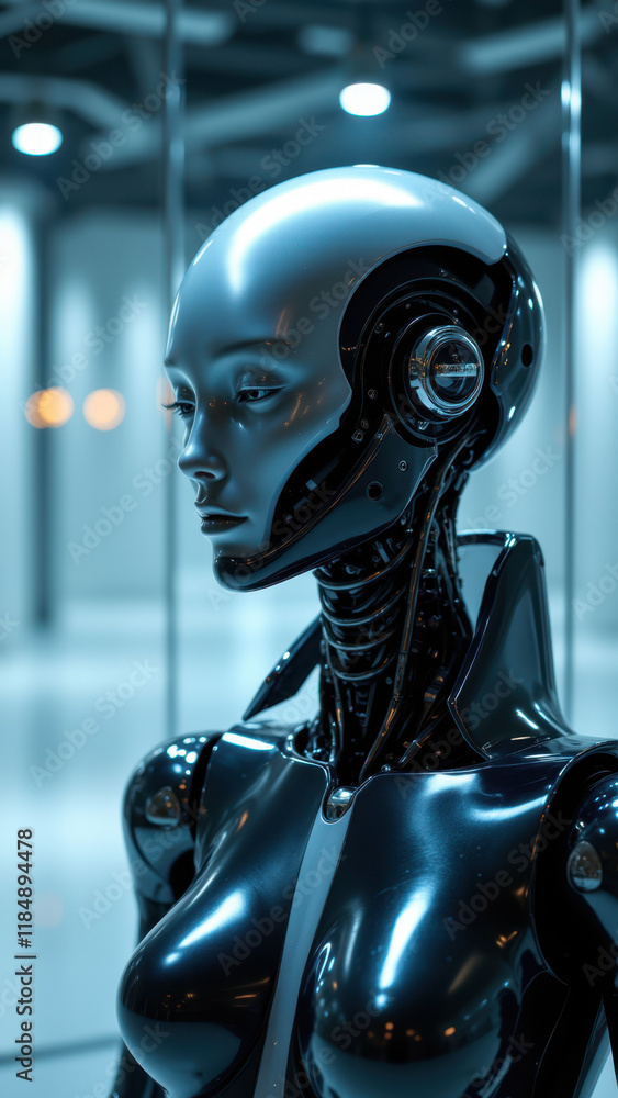 Naklejka premium A human-like AI robot displayed in an industrial setting.