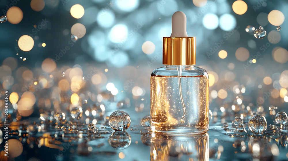 Elegant glass vial with serum surrounded by shimmering droplets and bokeh lights Elegant glass vial with serum surrounded by shimmering droplets and bokeh lights