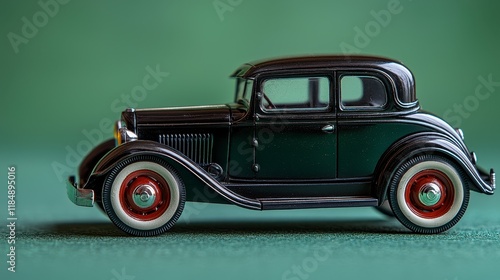 Black vintage car model on green background. (1) photo