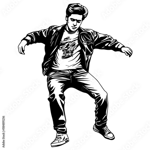 Silhouette of a young Asian man freestyle dancing at a wedding, wearing a stylish modern outfit like a graphic T-shirt, skinny jeans, and sneakers, full-body view from head to toe, solid black