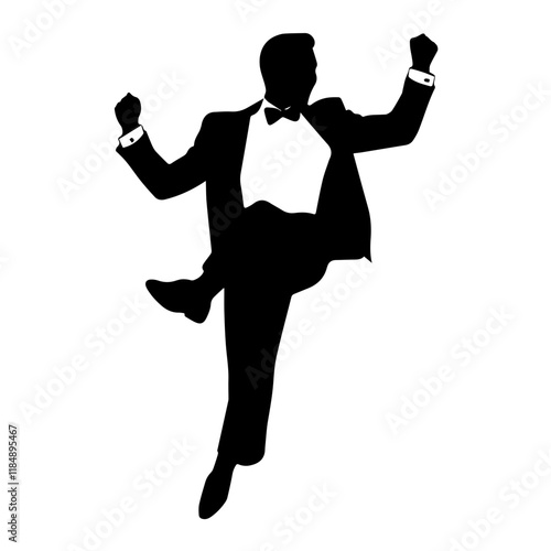 silhouette of a young Asian man having fun and acting lively at a wedding, wearing a tuxedo, full-body view from head to toe, solid black silhouette with no gradients, background is pure white