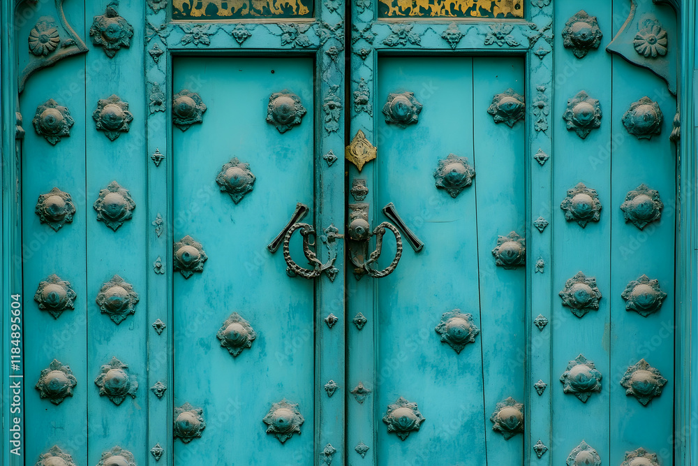 Fototapeta premium Ornate turquoise door and fa? section ade detailing at Patrika Gate in Jaipur, India