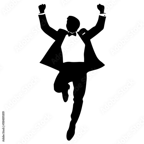 silhouette of a young Asian man having fun and acting lively at a wedding, wearing a tuxedo, full-body view from head to toe, solid black silhouette with no gradients, background is pure white