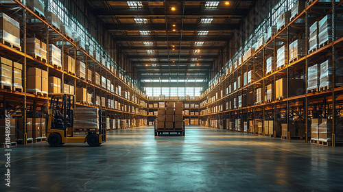 A large warehouse with a pallet truck and boxes on shelves, a warehouse with a pallet truck and cardboard boxes on a shelf, and Shelves with boxes in a warehouse. Generative Ai