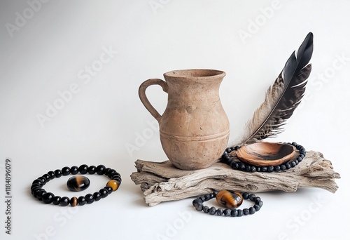 Rustic Clay Jug with Natural Wooden Decor, Feather, and Handmade Beaded Jewelry on Driftwood Display photo