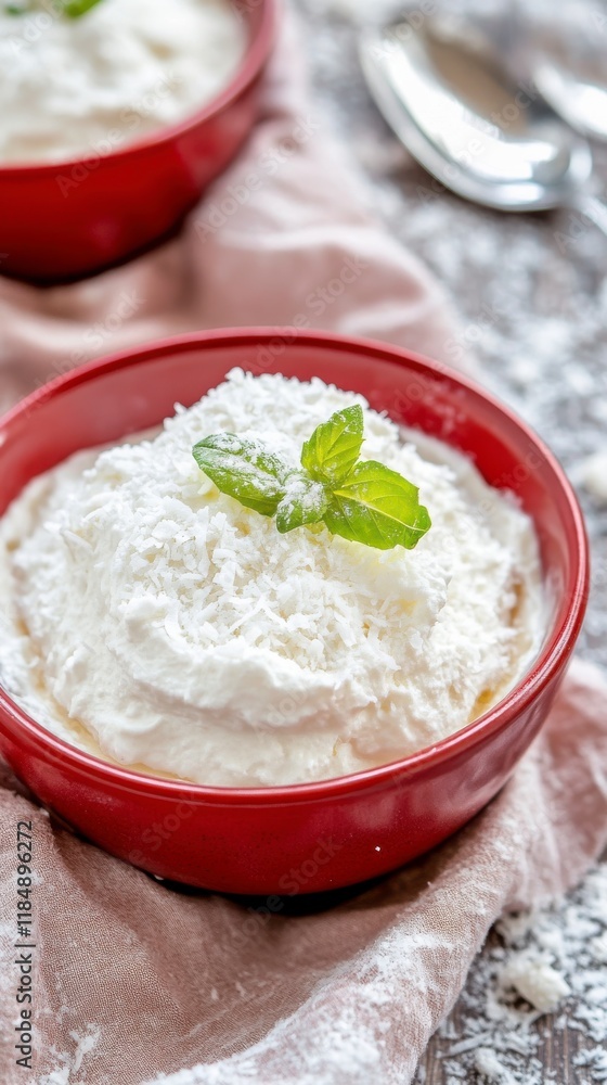 Coconut mousse with creamy coconut, whipped cream, and a light texture, presented in a red bowl, tropical and fluffy Hyper-quality professionnal photography Coconut mousse with creamy coconut, whipped cream, and a light texture, presented in a red bowl, tropical and fluffy Hyper-quality professionnal photography