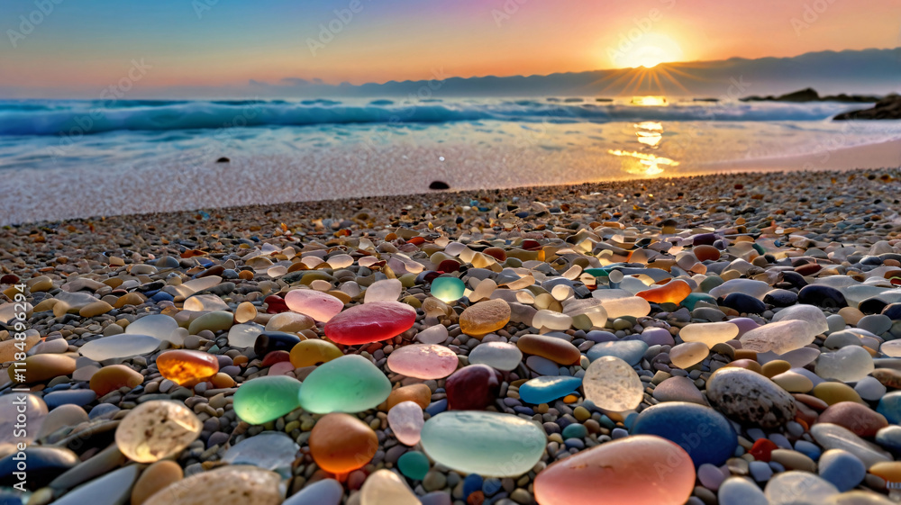 Vibrant sea glass and smooth pebbles on the beach, with the serene ocean in the background, offering a calming and tranquil seaside view Vibrant sea glass and smooth pebbles on the beach, with the serene ocean in the background, offering a calming and tranquil seaside view