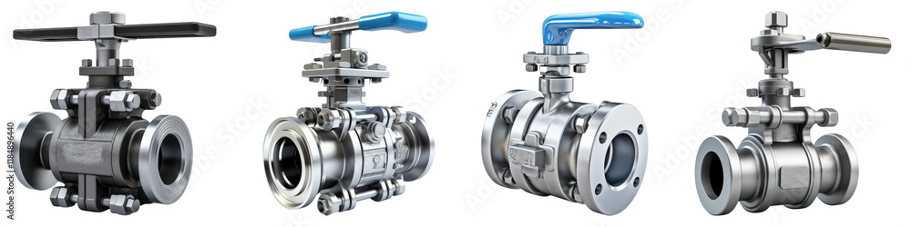 V port ball valve isolated on transparent background, Set of V port ball valve isolated on transparent background, Set of