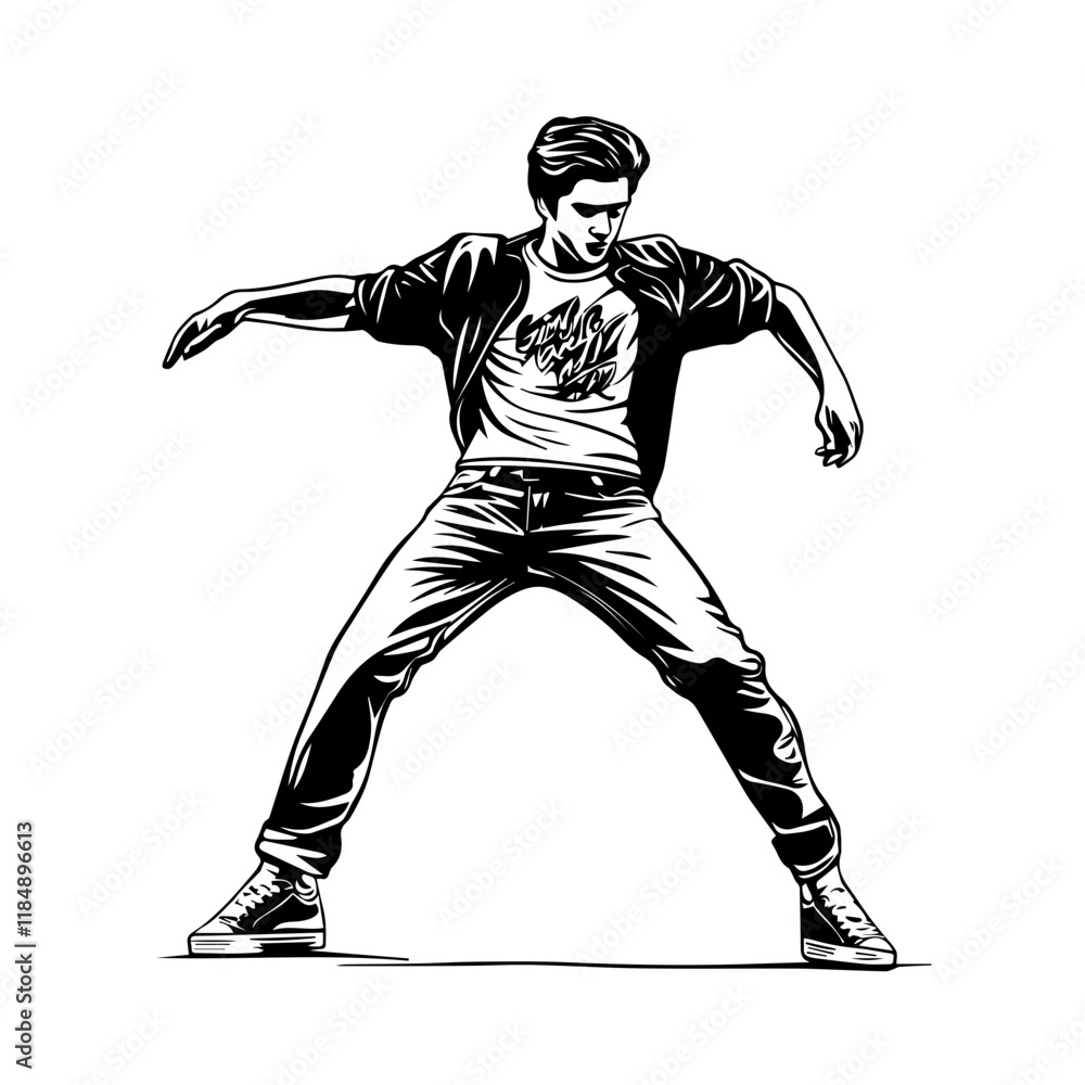 Naklejka premium Silhouette of a young Asian man freestyle dancing at a wedding, wearing a stylish modern outfit like a graphic T-shirt, skinny jeans, and sneakers, full-body view from head to toe, solid black