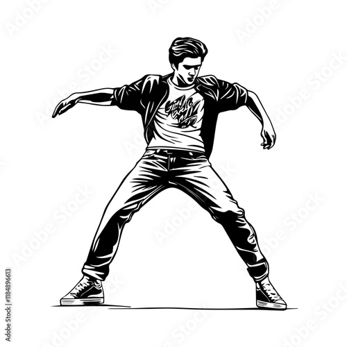 Silhouette of a young Asian man freestyle dancing at a wedding, wearing a stylish modern outfit like a graphic T-shirt, skinny jeans, and sneakers, full-body view from head to toe, solid black