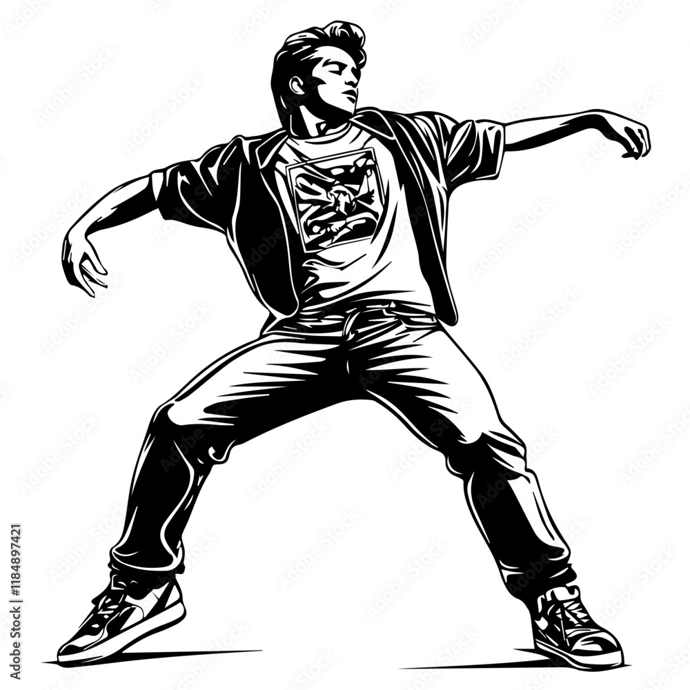 Naklejka premium Silhouette of a young Asian man freestyle dancing at a wedding, wearing a stylish modern outfit like a graphic T-shirt, skinny jeans, and sneakers, full-body view from head to toe, solid black