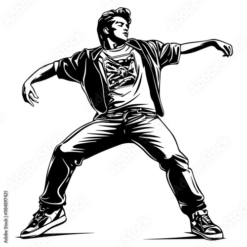 Silhouette of a young Asian man freestyle dancing at a wedding, wearing a stylish modern outfit like a graphic T-shirt, skinny jeans, and sneakers, full-body view from head to toe, solid black