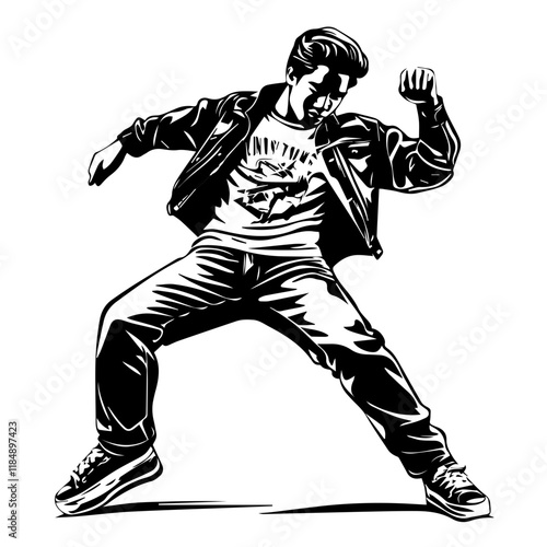 Silhouette of a young Asian man freestyle dancing at a wedding, wearing a stylish modern outfit like a graphic T-shirt, skinny jeans, and sneakers, full-body view from head to toe, solid black