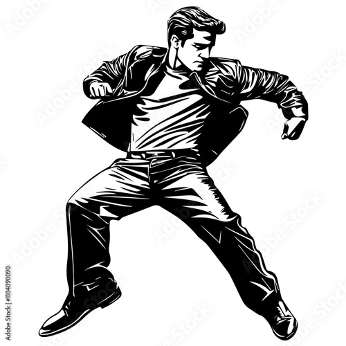 Silhouette of a young Asian man freestyle dancing at a wedding, wearing a stylish modern outfit like a graphic T-shirt, skinny jeans, and sneakers, full-body view from head to toe, solid black