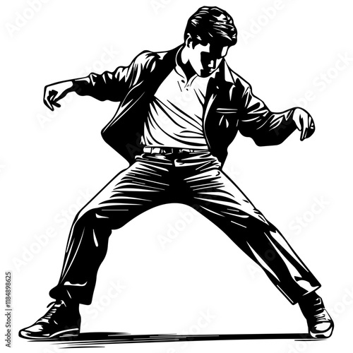 Silhouette of a young Asian man freestyle dancing at a wedding, wearing a stylish modern outfit like a graphic T-shirt, skinny jeans, and sneakers, full-body view from head to toe, solid black