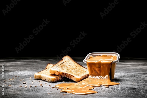 Presentación minimalista de tostadas con una untada cremosa en un fondo oscuro photo