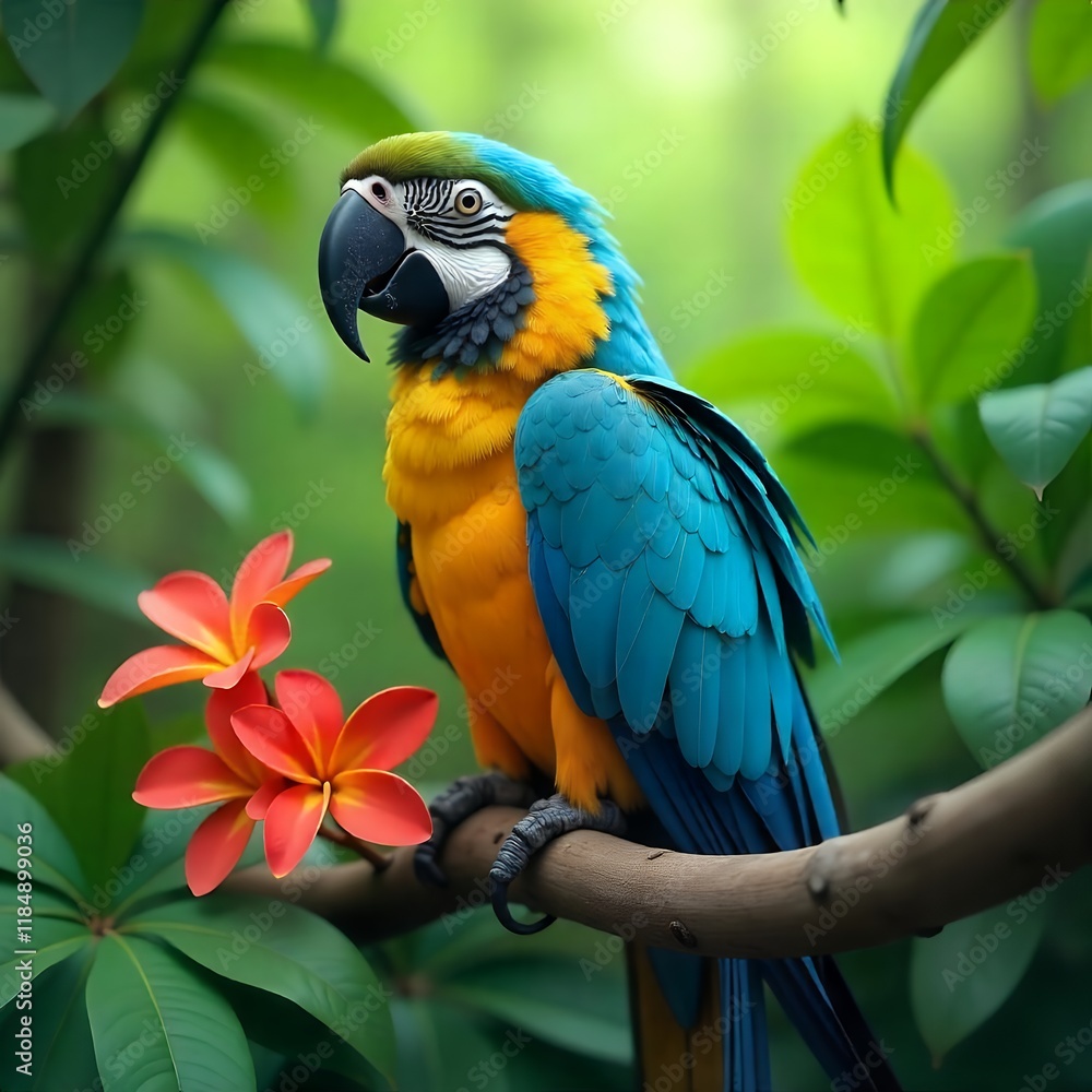 Obraz premium Vibrant Blue Gold Macaw Parrot on Branch with Flowers