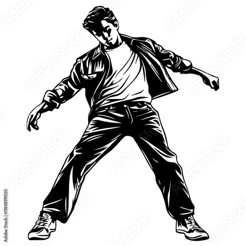 Silhouette of a young Asian man freestyle dancing at a wedding, wearing a stylish modern outfit like a graphic T-shirt, skinny jeans, and sneakers, full-body view from head to toe, solid black