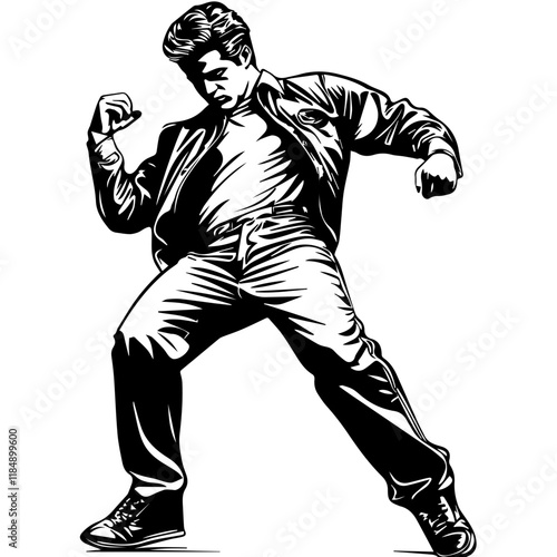 Silhouette of a young Asian man freestyle dancing at a wedding, wearing a stylish modern outfit like a graphic T-shirt, skinny jeans, and sneakers, full-body view from head to toe, solid black