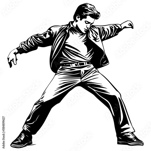 Silhouette of a young Asian man freestyle dancing at a wedding, wearing a stylish modern outfit like a graphic T-shirt, skinny jeans, and sneakers, full-body view from head to toe, solid black