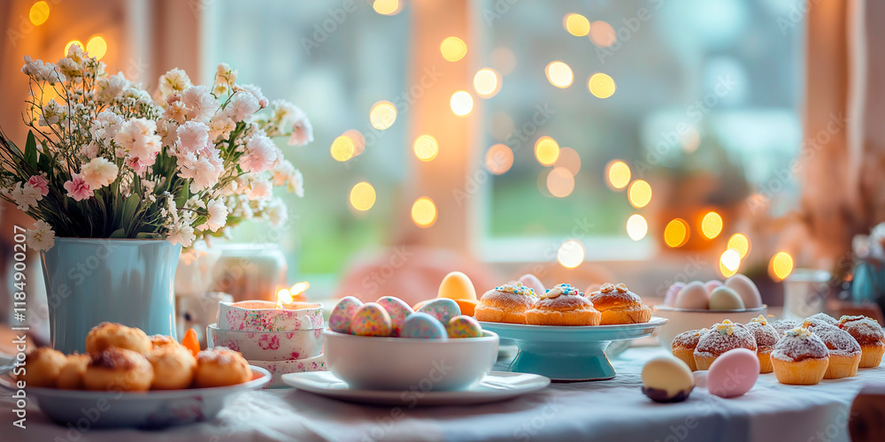 Naklejka premium Festive Easter table with pastel-colored eggs, muffins, and delicate flowers in a blue vase, illuminated by warm bokeh lights for a cozy holiday atmosphere