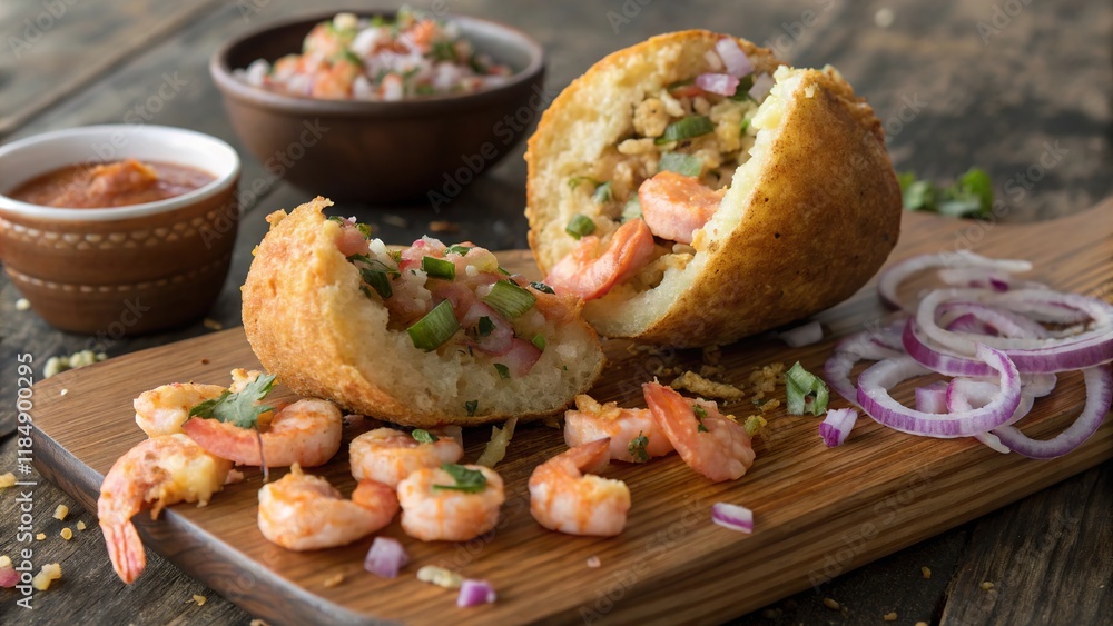 Delightful acaraj with savory fillings spilling onto a rustic wooden platter Delightful acaraj with savory fillings spilling onto a rustic wooden platter
