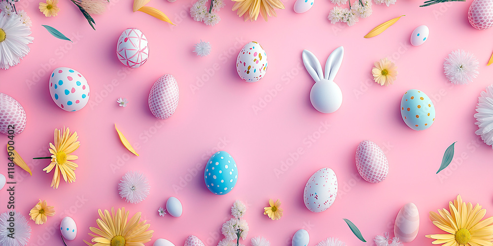 Festive Easter composition with colorful patterned eggs, bunny ears, and fresh daisies on a pastel pink background, creating a playful and cheerful spring design Festive Easter composition with colorful patterned eggs, bunny ears, and fresh daisies on a pastel pink background, creating a playful and cheerful spring design